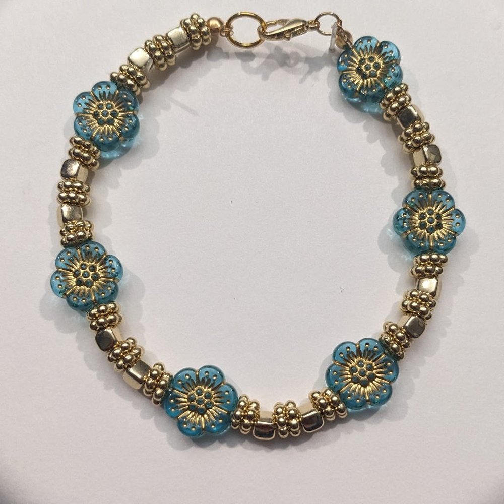 Teal and Gold Flower Clasp Bracelet